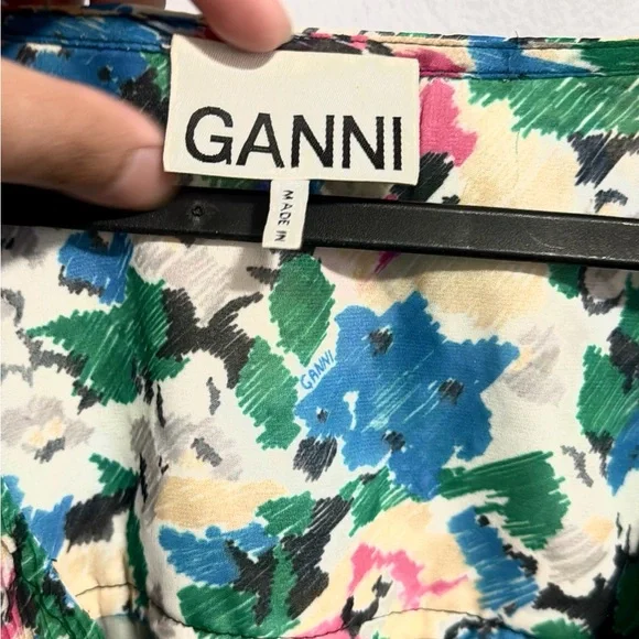 GANNI Pleated Georgette V-Neck Smock Midi Dress Floral Azure Blue Size 36 (M) - Picture 5 of 9